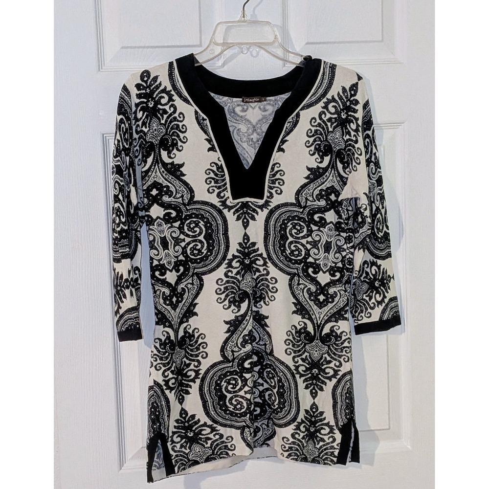 J.McLaughlin Women's Tunic Top Black Cream Paisley 3/4‎ Sleeve Size S